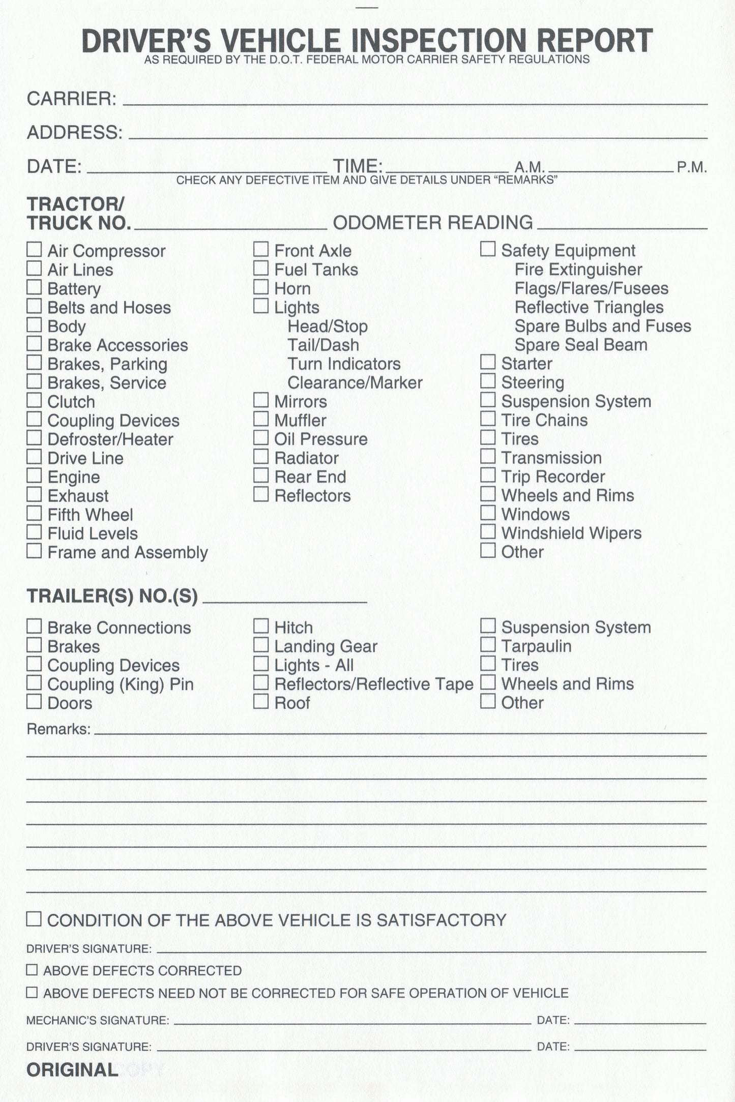 Driver's Vehicle Inspection Report Sheet
