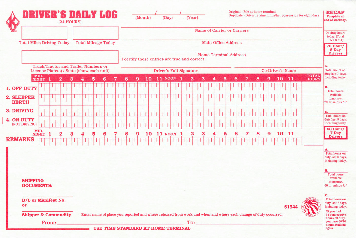 Driver's Daily Log Sheet