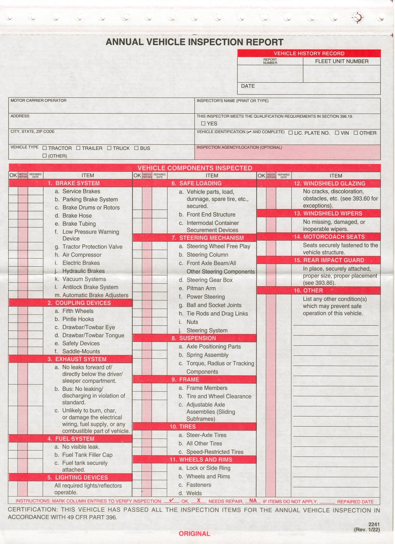 Annual Vehicle Inspection Report Sheet