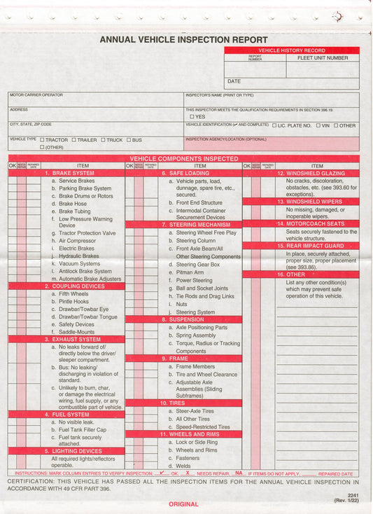 Annual Vehicle Inspection Report Sheet