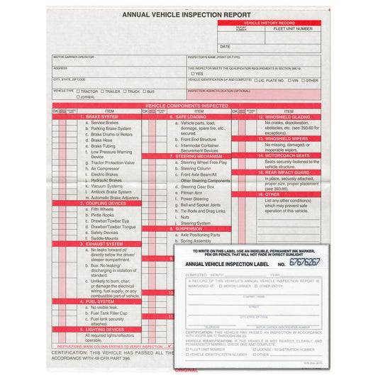 Annual Vehicle Report Sheet & White Annual Vehicle Inspection Label
