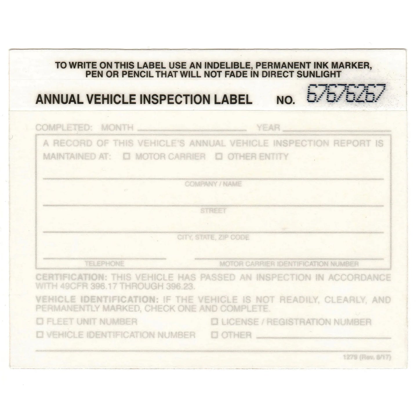 White Annual Vehicle Inspection Label
